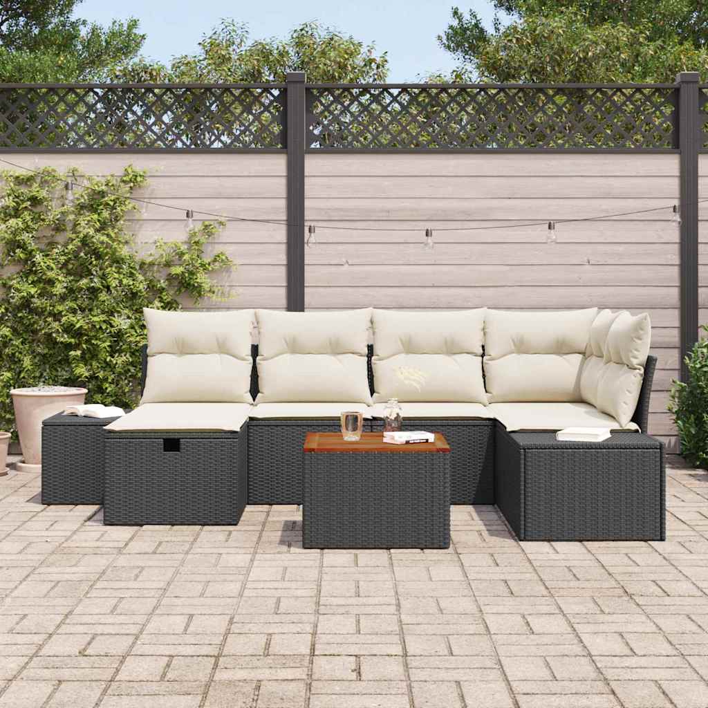 Garten-Sofa-Set mit Kissen 7 pcs Schwarz Poly Rattan